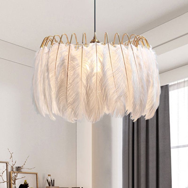 Romantic Drum Pendant Light 1 Light Feather & Metal Suspension Light in White for Adult Bedroom