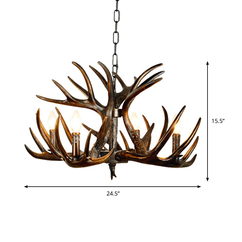 Traditional Candle Hanging Lamp 4/6/9 Bulbs Resin Chandelier Light Fixture with Deer Antler in Brown