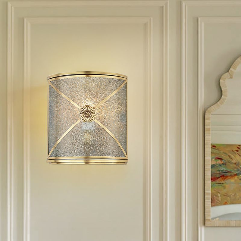 Water Glass Half Cylinder Flush Wall Sconce Traditional 1 Head Corner Wall Mount Light in Brass