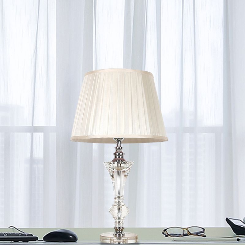 Single Head Table Light Countryside Conical Fabric Night Lamp in Pink/Blue/Beige with Clear Crystal Base