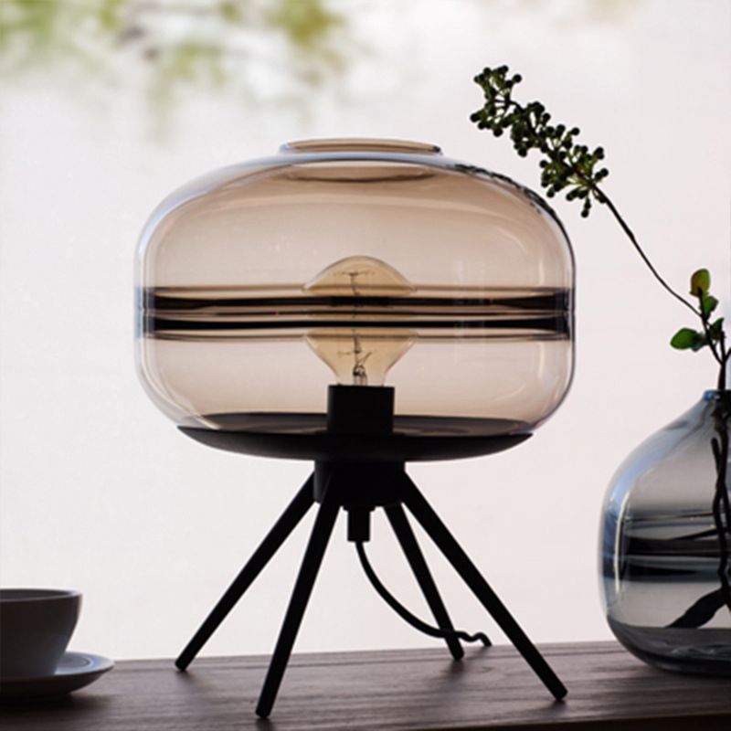 Black Drum Single Table Lamp in Modern Concise Style Wrought Iron Table Light with Glass Shade