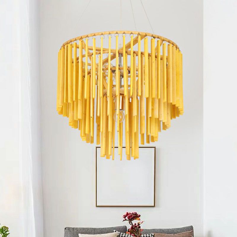 Tiered Chandelier Pendant Light Contemporary Bamboo 4 Heads Yellow Hanging Lighting for Restaurant