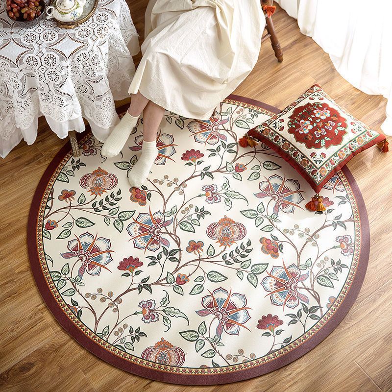 Red Vintage Area Rug PU Flower Indoor Rug Stain Resistant Rug for Living Room