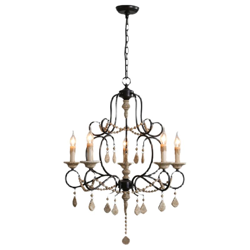 5 Bulbs Candle Hanging Lamp Countryside Distressed White Iron Chandelier Lighting with Wood Beads