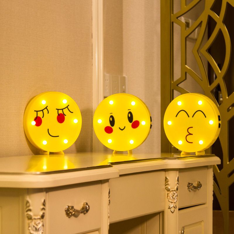 Funny Emoji Expression Wall Light Modernist Plastic Battery LED Yellow Nightstand Lamp