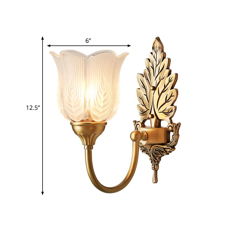 Golden Leaf Wall Sconce Light Antique Style Metal 1/2-Light Bedroom Wall Lamp with Frosted Glass Bell Shade