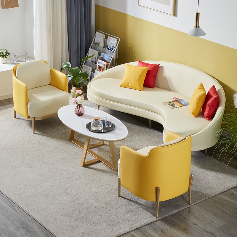 Contemporary Beige Curved Sofa in Genuine Leather with Tight Back