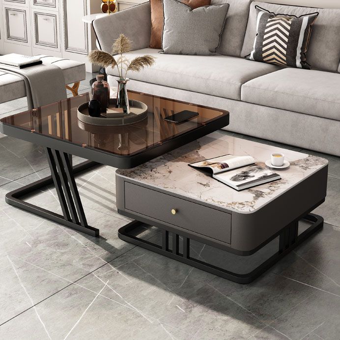 Square Slate Frame Cocktail Table with Drawers 2 Nesting Coffee Table Set