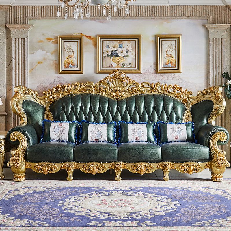 Green Genuine Leather Sofa Tufted Split-Back Rolled Arm Sofa