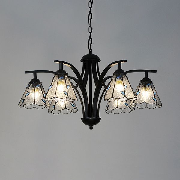 Cône Hanging Light avec design de feuille verte / bleue 6 lumières lustres en vitrail rustique en finition noire