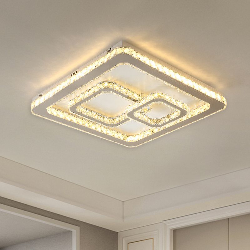 Chrome Square LED Flush Mount Lamp Modern Beveled Glass Close to Ceiling Lamp in Warm/White Light, 16.5"/20.5"/35.5" Wide