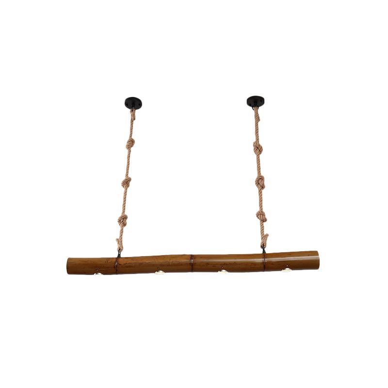 Bamboo Tube Island Lighting Farmhouse 4 Bulbs Restaurant Hanging Pendant Light in Yellow and Brown with Rope