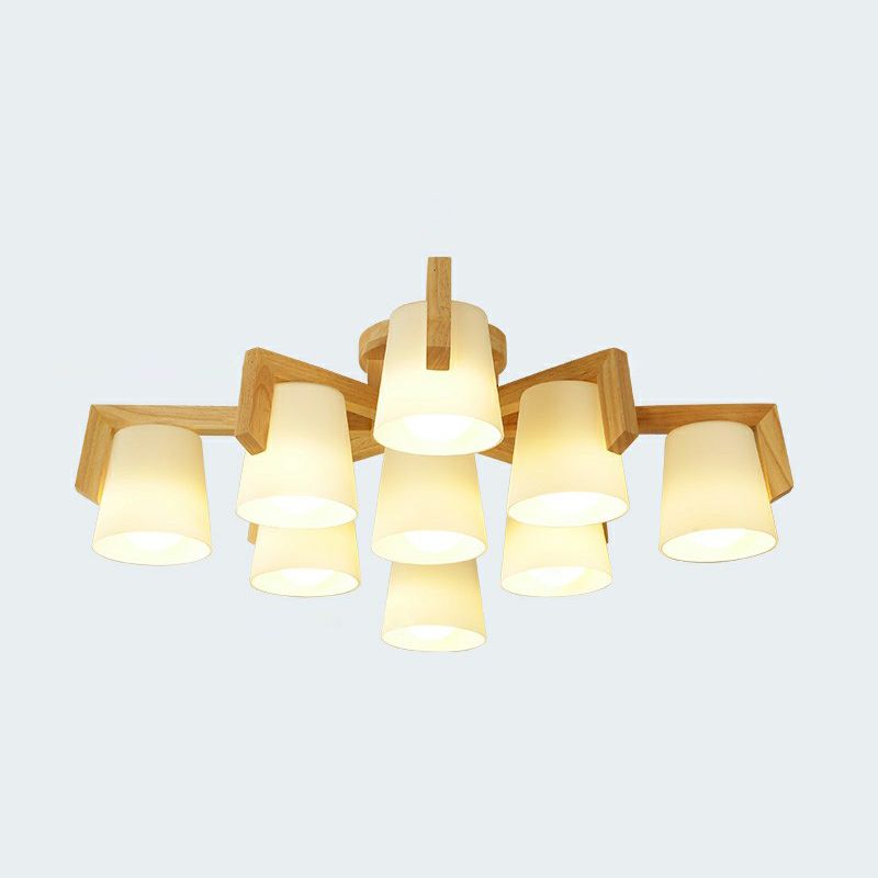 Conic Living Room Semi Flush Ceiling Light Frosted Glass Modern Flush Mount Light in Wood