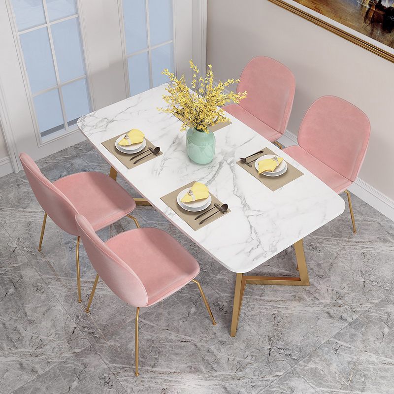 White Stone Top Dining Table Glam Style Gold Base Dining Table for Living Room
