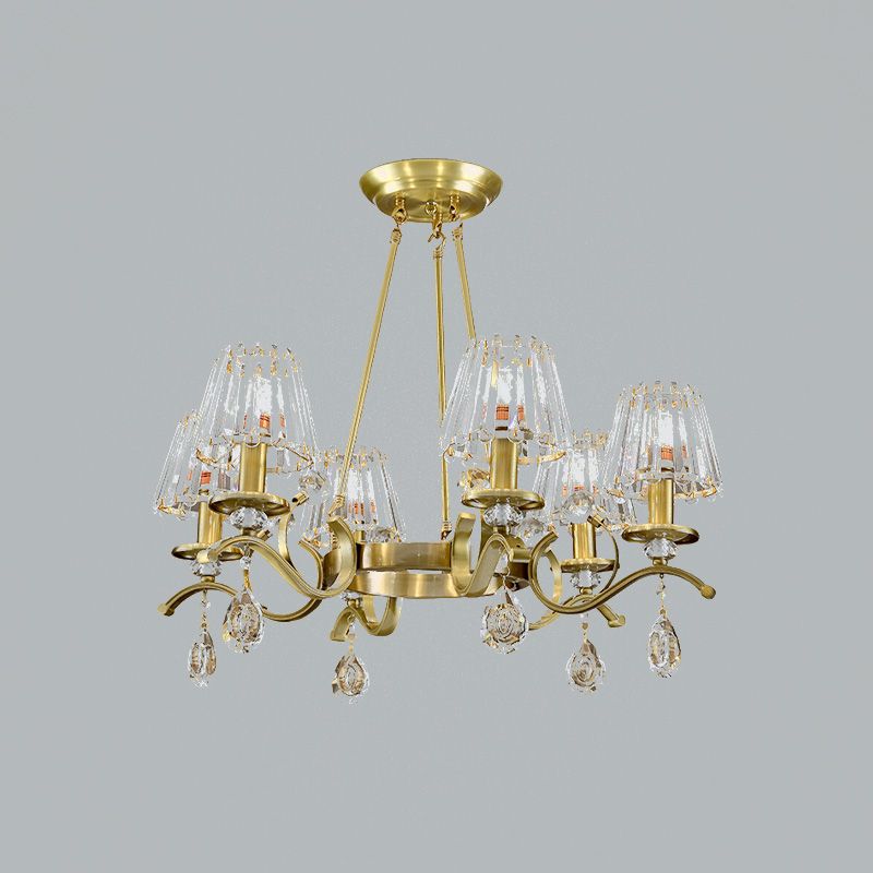 Gold Finish Wheel Chandelier Postmodern Metal 6-Head Living Room Hanging Lamp with Cone Crystal Shade