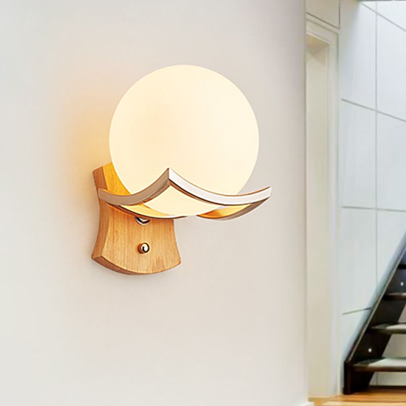 1 Head Stairway Wall Lamp Modernism Wood Sconce Light Fixture with Round Opal Glass Shade