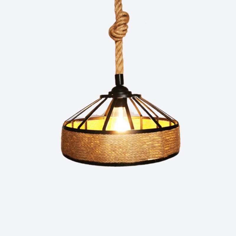 Rope Drum Pendant Light Fixture Warehouse-Style Restaurant Hanging Light Kit in Beige