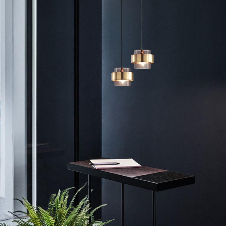 Fumo Cilíndrico gris Pedante Luz hacia abajo Luz de colgante de techo mini Luz en sombra de vidrio