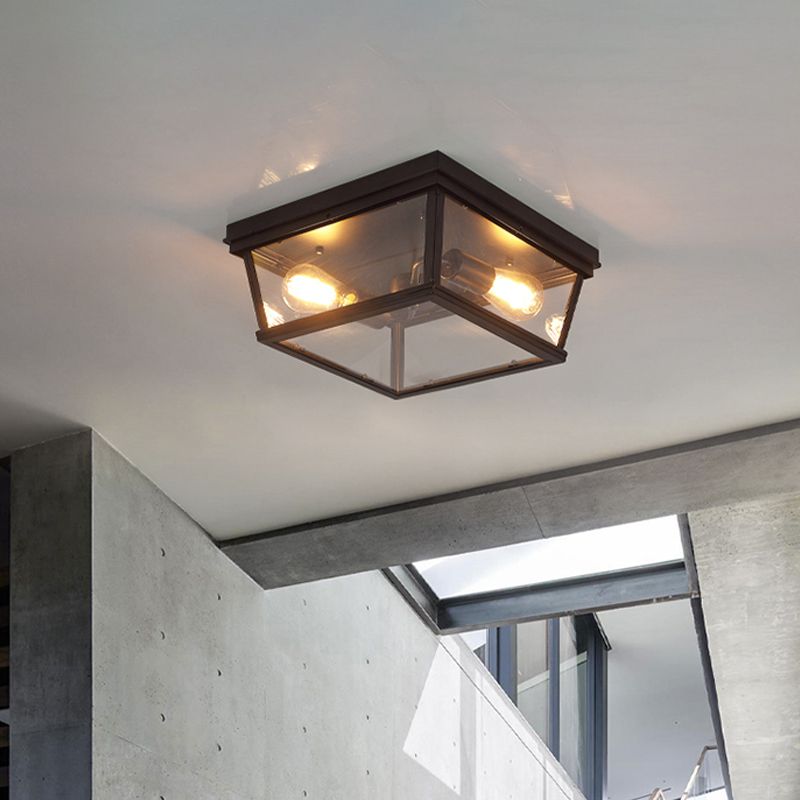 Black Cube Flush Mount Ceiling Light Farmhouse Clear Glass 2 Bulbs Kitchen Flushmount Lighting