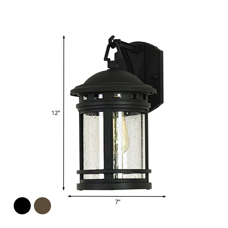 Clear Seeded Glass Lantern Sconce Rustic 1 Light Outdoor Wall Lighting with Metal Frame in Coffee/Black