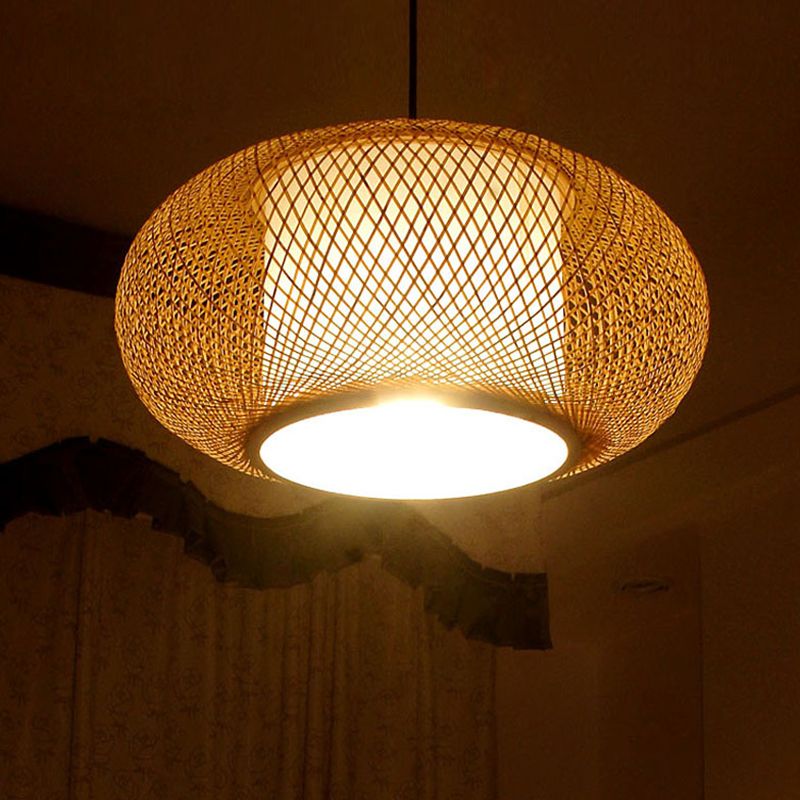 Asia Pendant Light Fixture Beige Lantern Suspension Pendant Light with Bamboo Shade