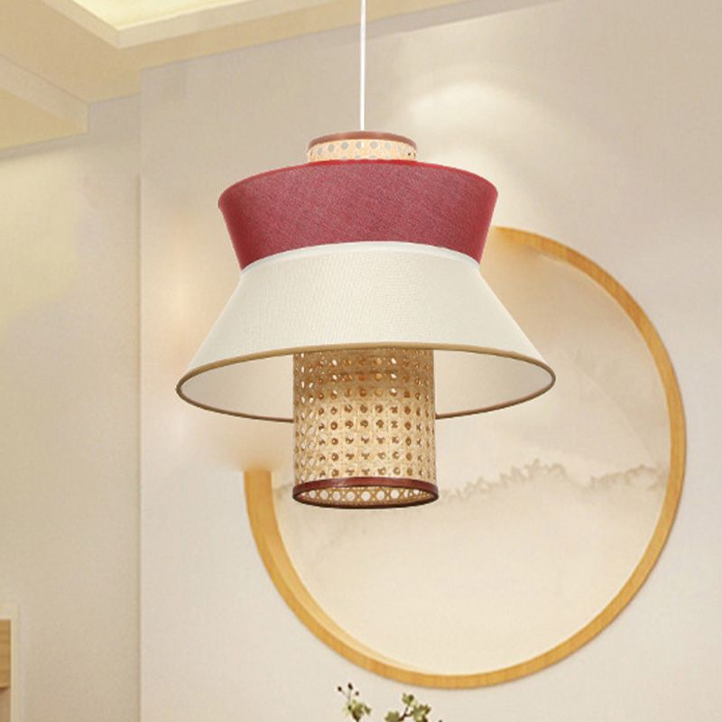Pink Flared Ceiling Suspension Lamp Asian Style Single Bulb Rattan Hanging Light Kit for Dining Room