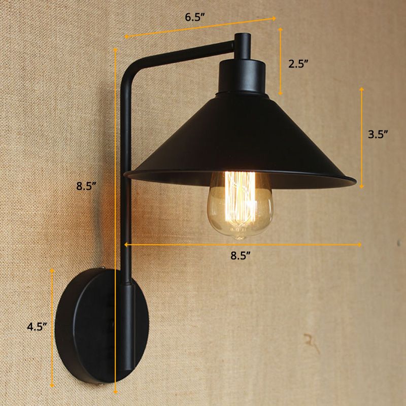 Conical Bedside Reading Light Retro Metal 1-Light Black Wall Mounted Lamp with Rolled Edge