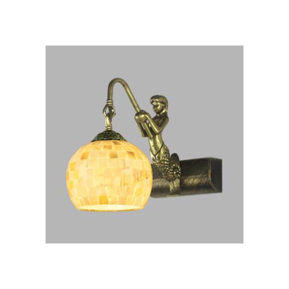 Globe Wall Mount Light Tiffany Beige/Beige-Red Shell 1 Head Bathroom Sconce Light Fixture with Mermaid Decoration