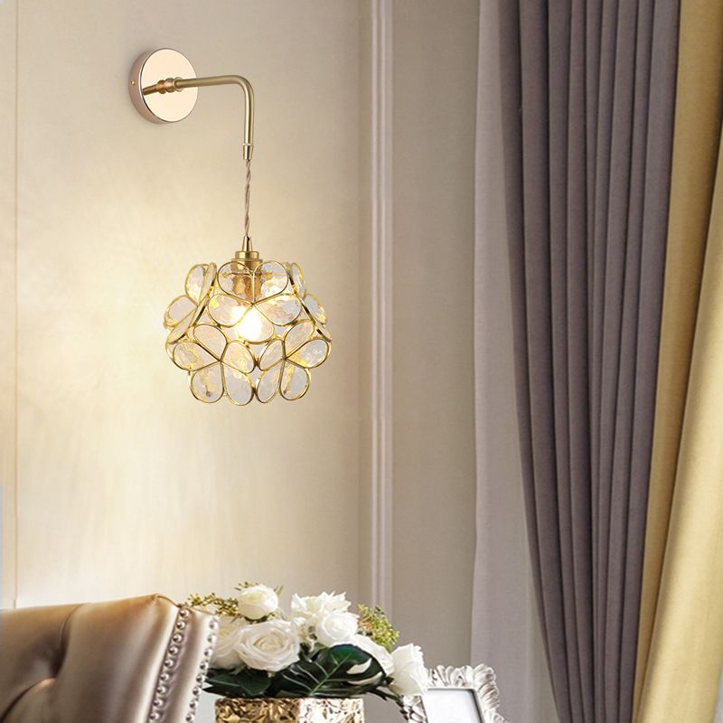 Shaded Glass Wall Light Fixture Vintage Single-Bulb Bedside Wall Mounted Lamp in Gold