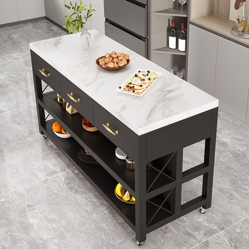 Faux Marble Top Kitchen Island Cart Modern Rectangle with 3 Drawers
