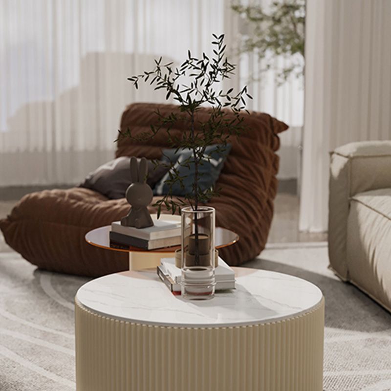 Round Slate Top Coffee Table Glam Drum Coffee Cocktail Table