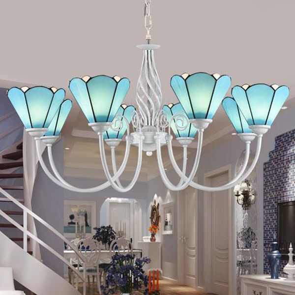 Tiffany Blue Hanging Light with Conical Shade Adjustable Chain Glass Ceiling Chandelier for Hallway