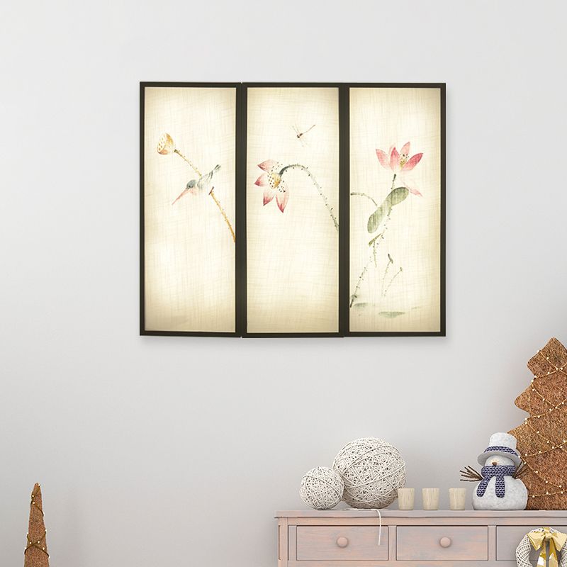 Black Panel Rectangular Mural Lamp Asia LED Fabric Wall Mount Lamp with Lotus Pattern