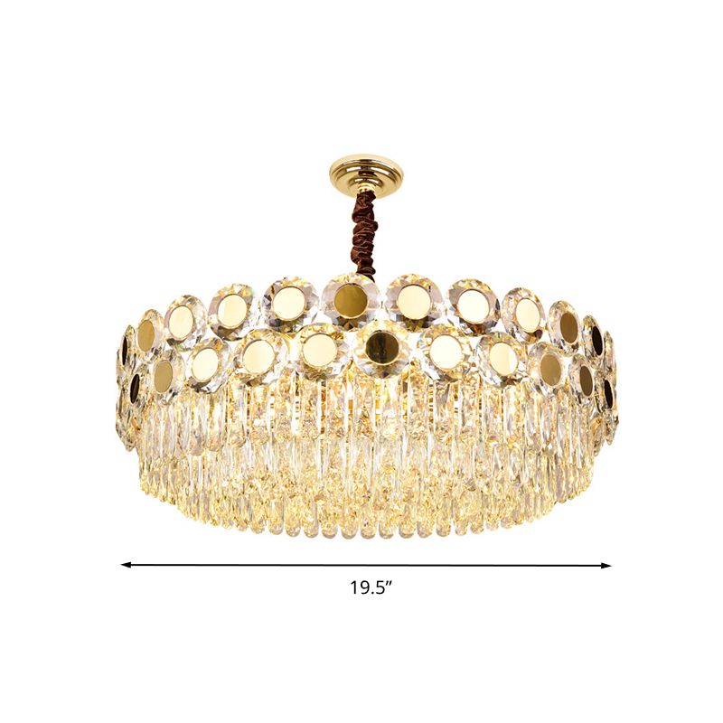 Drum Faceted Crystal Hanging Chandelier Contemporary 9 Heads Brass Ceiling Pendant Light