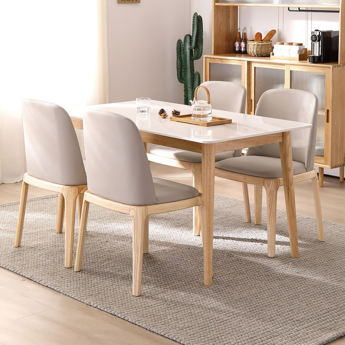 Simplicity Rectangle Dining Table White Sintered Stone Table with 4 Oak Solid Wood Legs