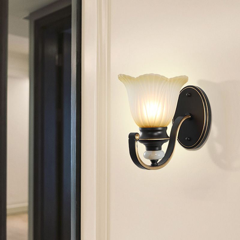 Retro Ruffled Wall Mount Light Single-Bulb Ribbed Glass Wall Lighting in Coffee for Living Room