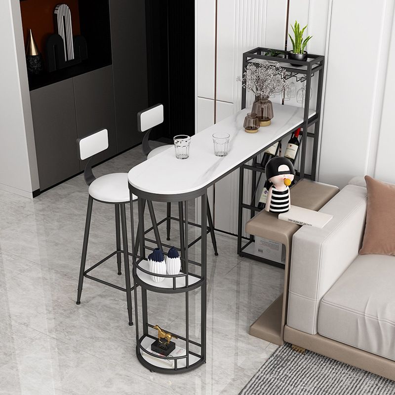 Stone Indoor Glam Bar Dining Table Iron Double Pedestal Bistro Table with Wine Rack