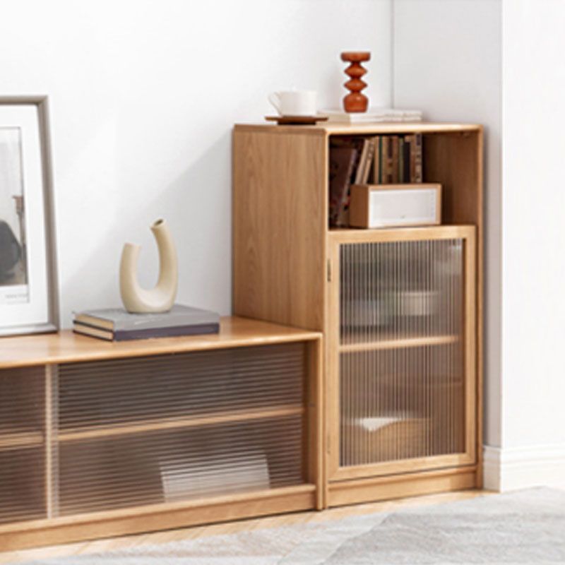Natural Solid Wood Grooves Glass Paned Living Room Accent Cabinet with Shelves