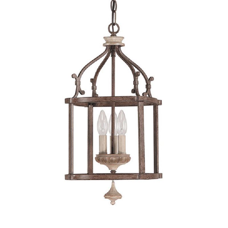 Cage d'oiseau en bois traditionnel lampe suspendue 3 ampoules en métal lustre luminaire à la rouille pour le salon
