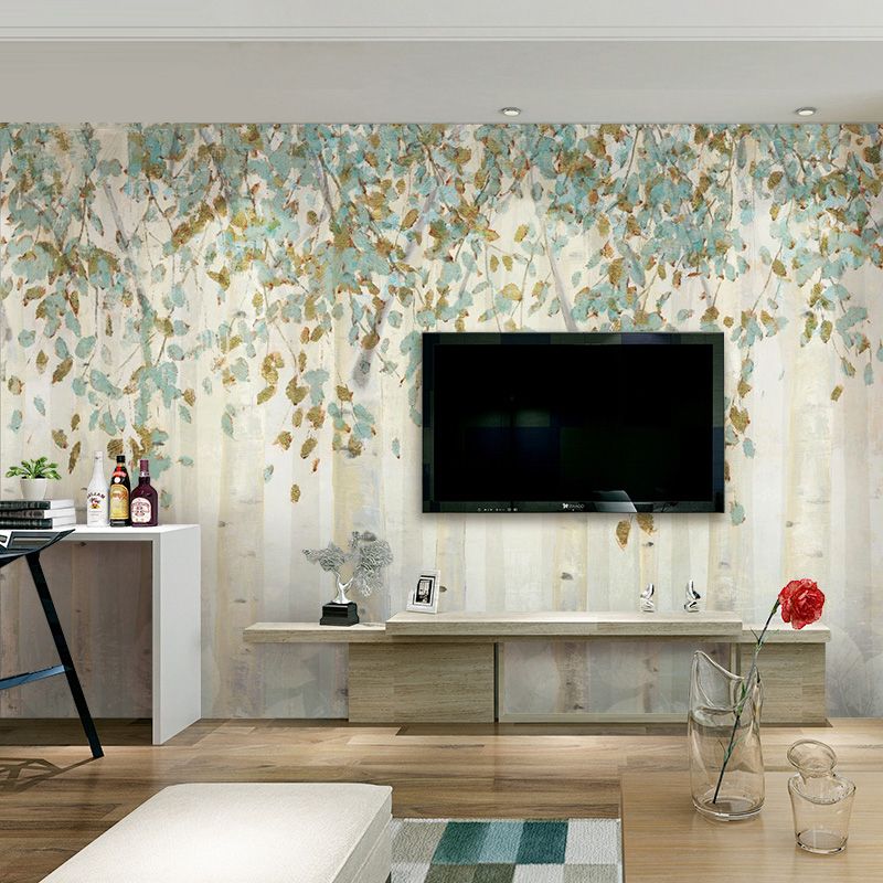 Stain-Resistant Forest Mural Wallpaper Full Size Minimalist Wall Art in Blue and Brown for Living Room