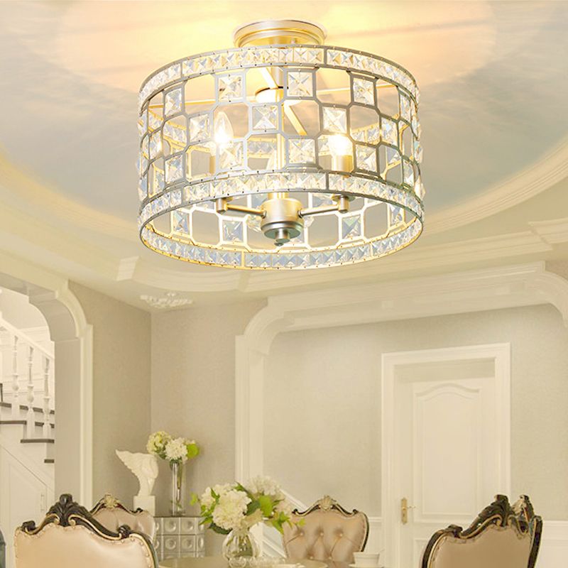 3 Bulbs Cylinder Semi Flush Light Traditionary Clear Glass Ceiling Mounted Fixture in Silver/Gold for Dining Room