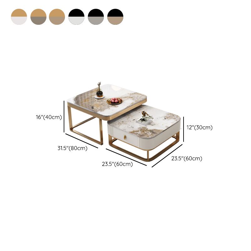 Slate Coffee Table Glam Frame Nesting Coffee Table Set with Drawer