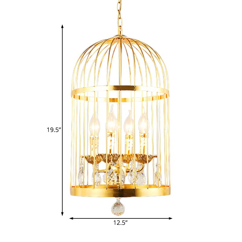4 Bulbs Bird Cage Ceiling Chandelier Traditional Metal Suspended Lighting Fixture in Gold with Crystal Drop