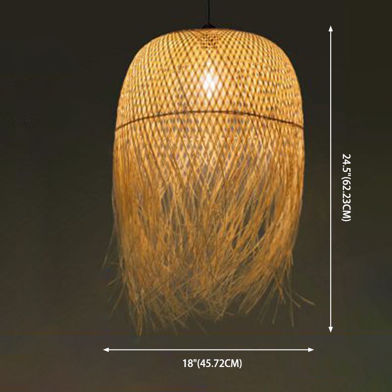 Beige Hand-Woven Pendant Asia Art Deco 1 Bulb Bamboo Hanging Light for Dining Table