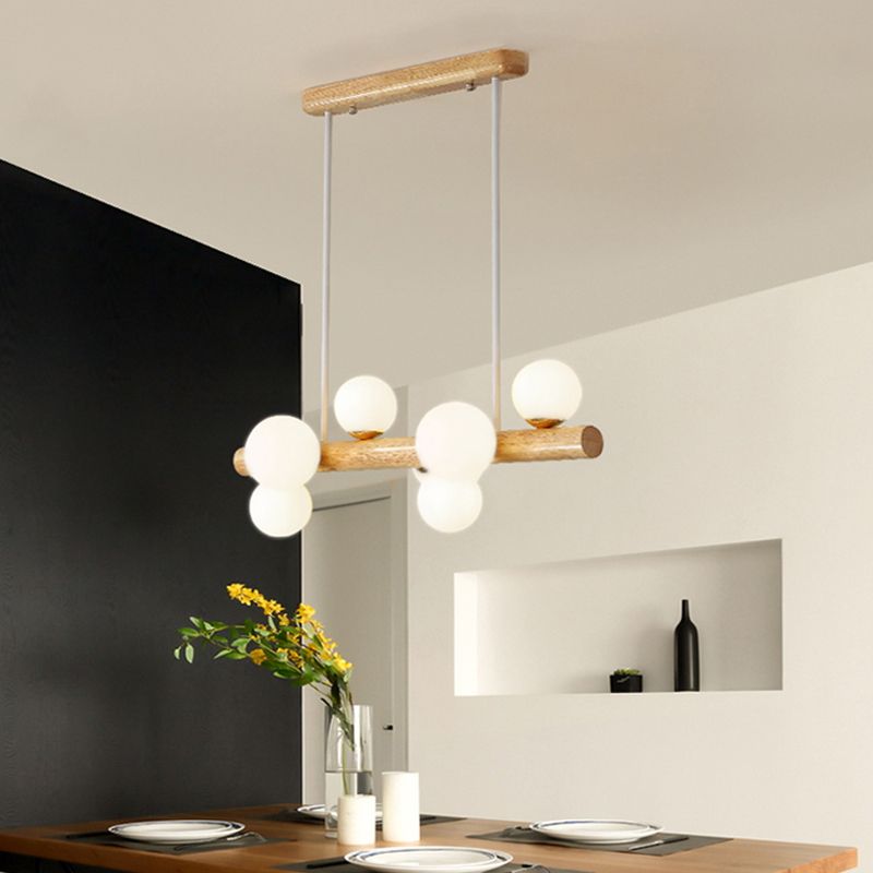 Linear Dining Room Island Light Wooden LED Simple Hanging Ceiling Light with Cream Glass Shade
