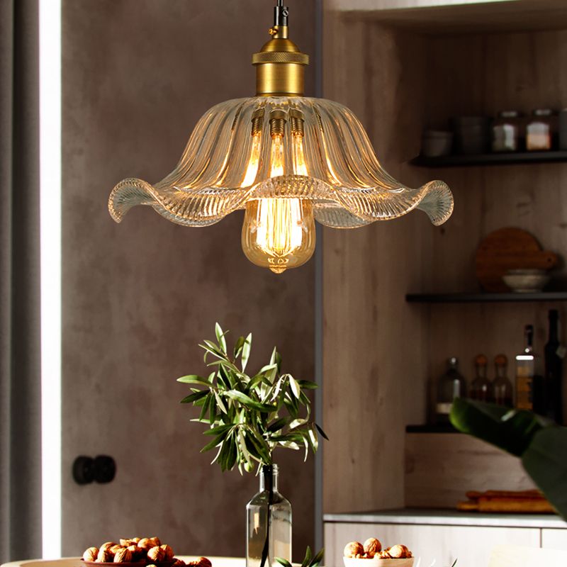 Floral Transparent Glass Suspension Light Fixture Vintage 1-Light Dining Room Hanging Lamp