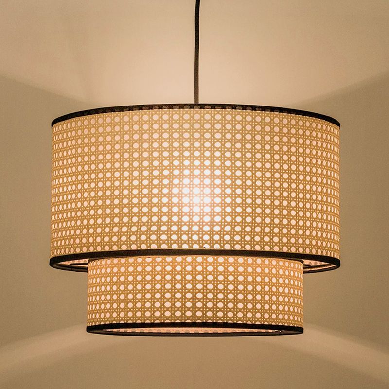 Beige Hand-Worked Pendant Chinese Style 1 Bulb Bamboo Cylindrical Hanging Light for Dining Table