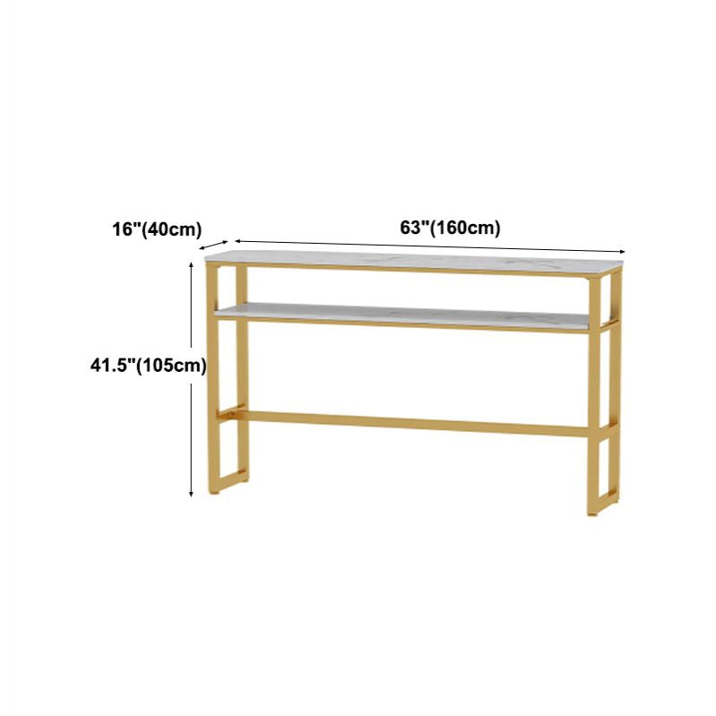 Glam Rectangle Faux Marble Pub Bar Table Gold Iron Bar Dining Table with Trestle Pedestal