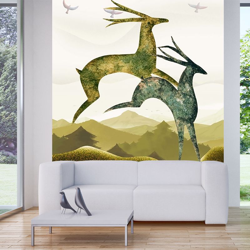 Blue-Brown Deer Mural Decal Animal Nordic Style Stain Resistant Wall Art for Bedroom