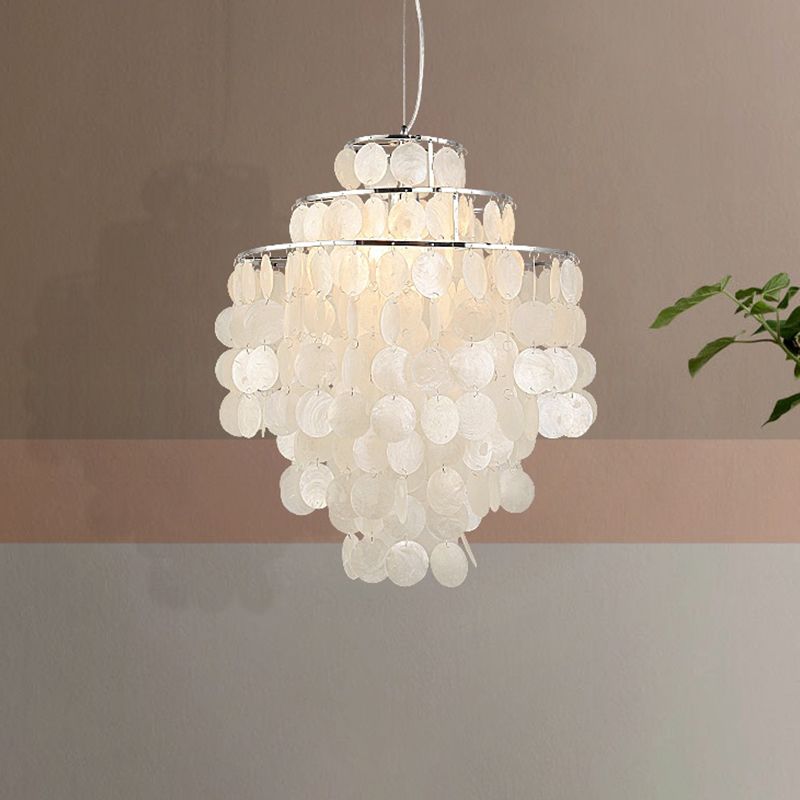 Tiered Dining Room Hanging Ceiling Light Retro Shell Silver Pendant Lighting Fixture